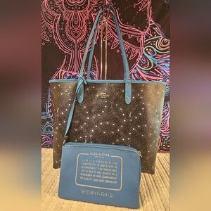 Coach Reversible Starry Black and Blue City Tote Bag w/ matching wrislet Pouch